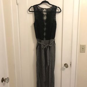 Lace top and feather print jumpsuit